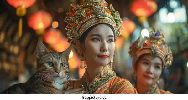 A woman wearing a traditional Chinese headdress and holding a cat