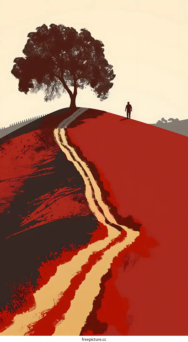 Silhouette of a Person Walking on a Path Leading to a Tree on a Hilltop