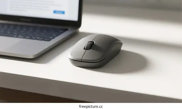 Wireless mouse placed next to a laptop on a desk