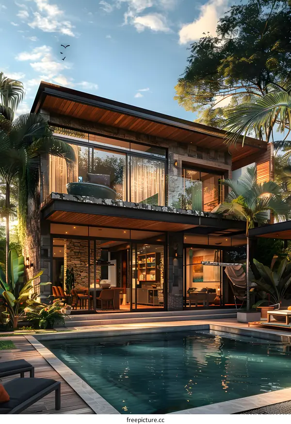 Modern house with pool near palm trees