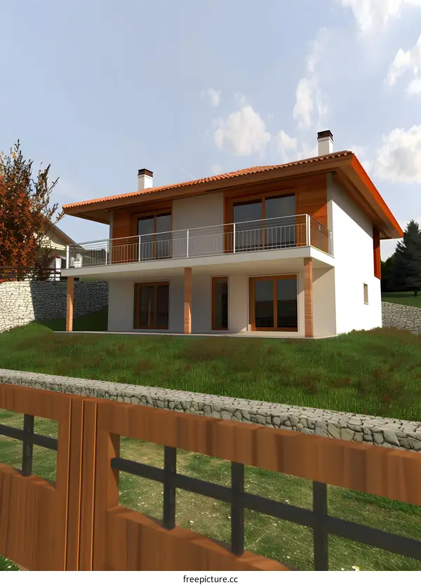 Modern White House with Balcony and Wooden Fence