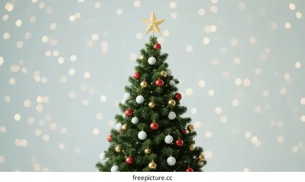 Festive Christmas Tree Decorated with Colorful Ornaments and Star Topper
