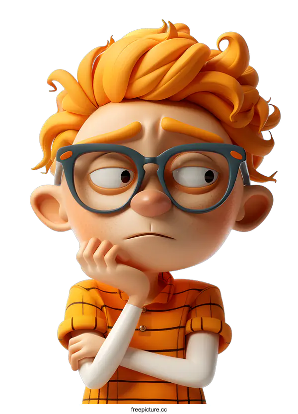 [Transparent Background PNG]Cartoon Character Boy Wearing Glasses With Thoughtful Expression