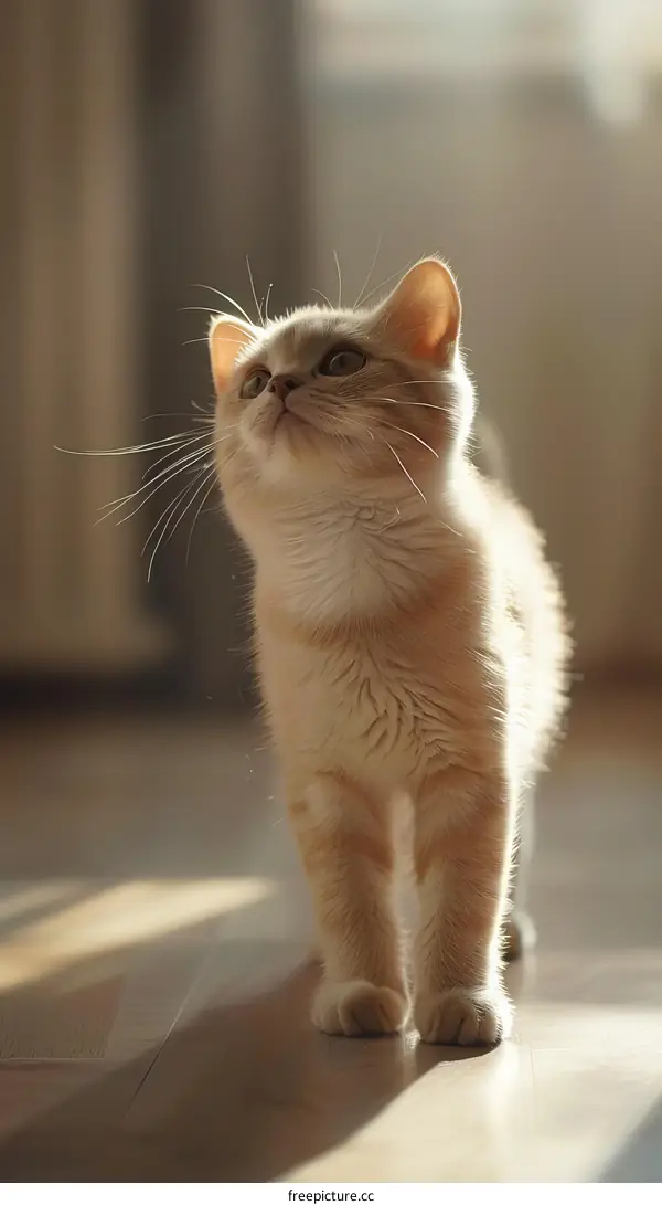 Cute ginger kitten standing on the floor and looking up