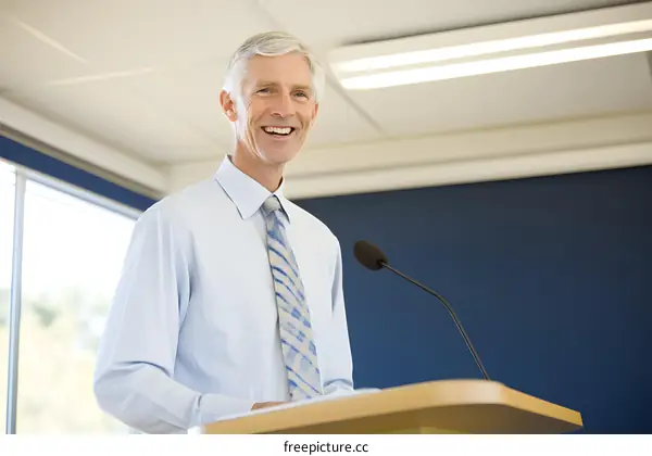 Smiling Man Giving Speech at Podium