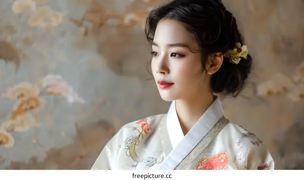 Portrait of a beautiful young Korean woman in traditional hanbok dress