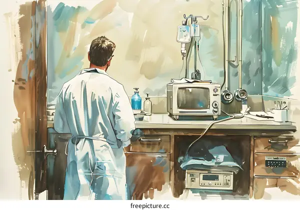Medical Watercolor Illustration of a Doctor in a Hospital Room