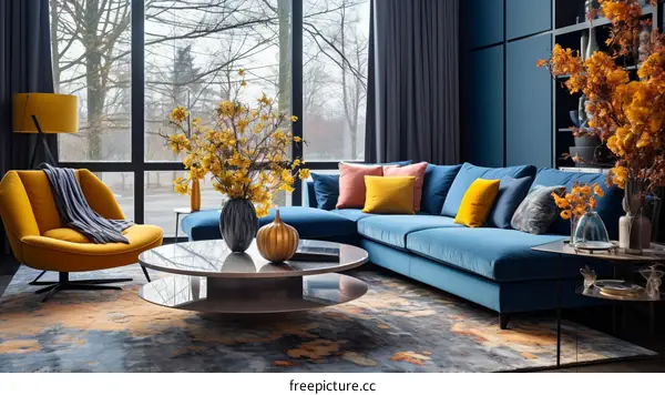 Blue and yellow living room with large windows