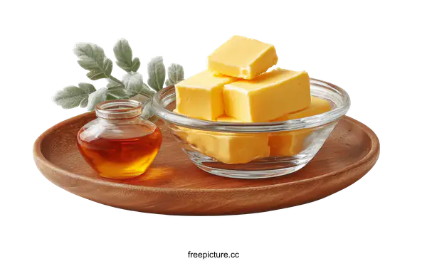 [Transparent Background PNG]Butter Cubes with Honey and Herbs on Wooden Tray