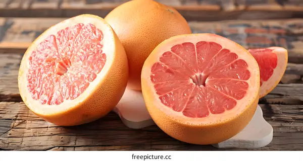 Fresh Ripe Grapefruit Slices on Wooden Table