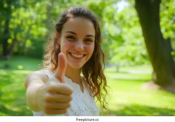 Smiling Woman Giving Thumbs Up in a Park