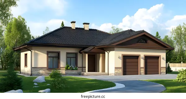 Modern House with Brown Roof and Garage