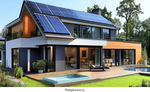 Modern House with Solar Panels and Swimming Pool