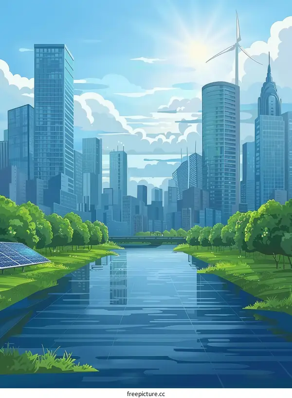 Modern City with Green Spaces and Sustainable Energy
