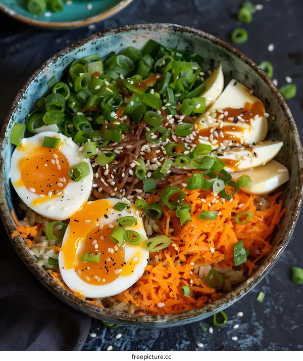 Healthy Buddha Bowl with Rice, Eggs and Vegetables