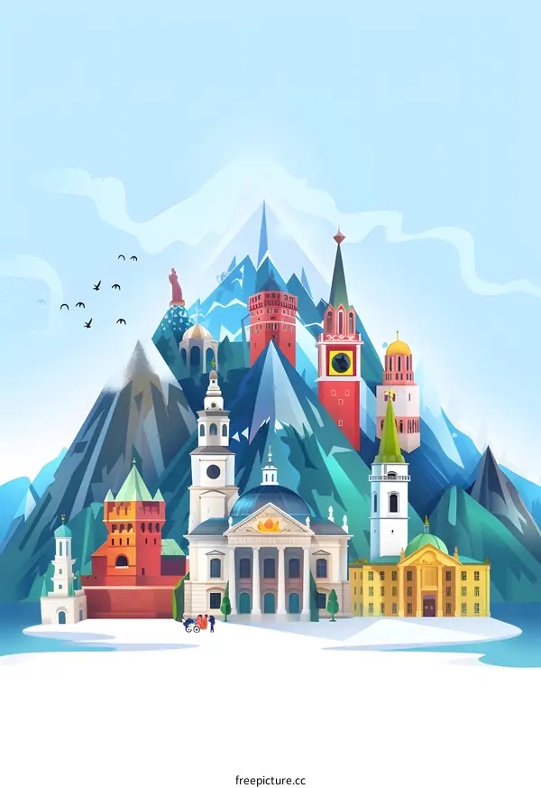Colorful Illustration of Moscow Cityscape with Landmarks