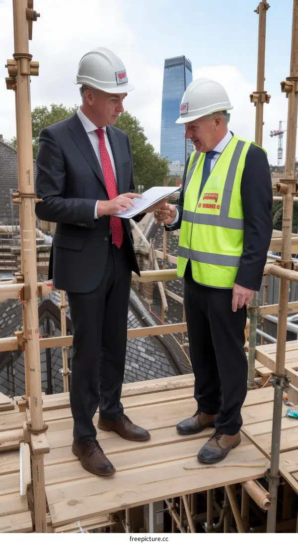 Two men in hard hats and suits inspect a construction site