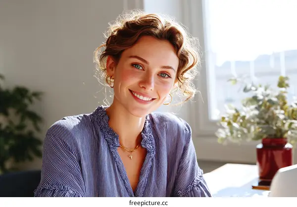 Smiling Woman in a Striped Shirt