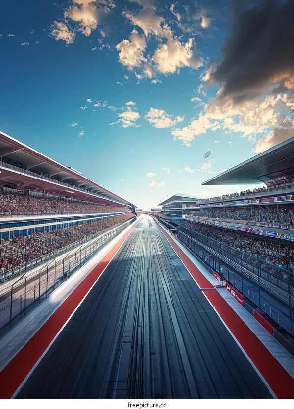 An aerial view of a Formula One race track with spectators in the stands