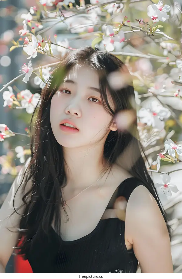 Young Asian Woman Posing in Front of Cherry Blossoms