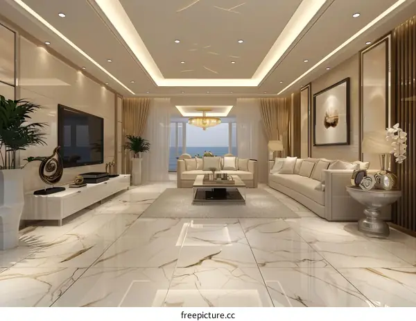 Modern and Luxurious Living Room Interior with Sea View