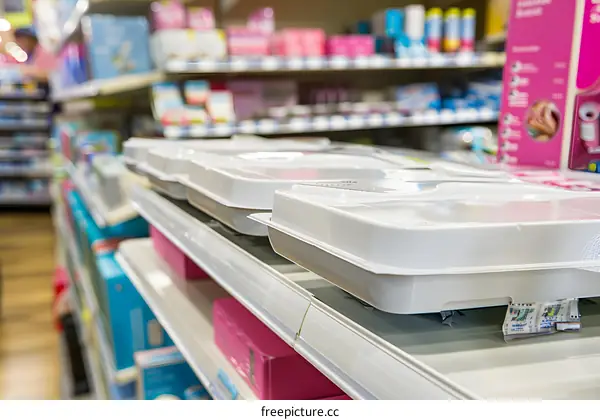 White Plastic Containers on Shelf in Store