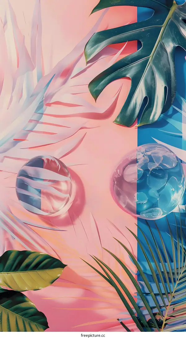 Tropical Leaves and Glass Balls on Pink and Blue Background