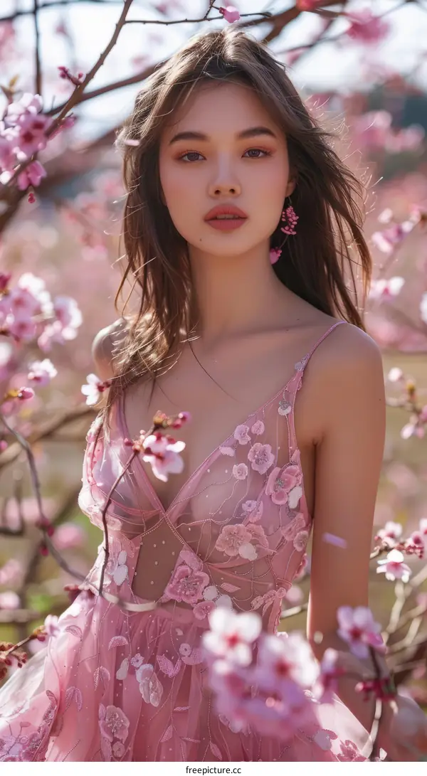 Portrait of a beautiful Asian woman standing in a field of pink flowers