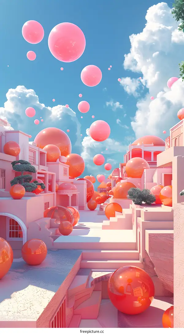 Pink surreal city with floating pink spheres
