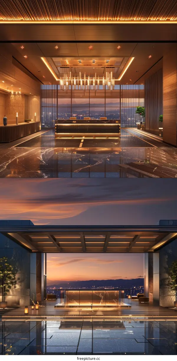 Modern Luxury Hotel Lobby and Rooftop Terrace