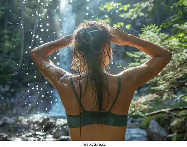 woman washing hair under waterfall in forest