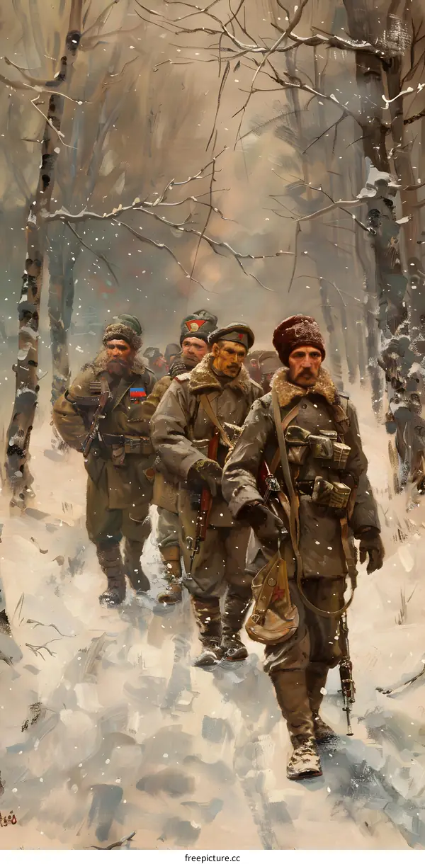 A group of soldiers wearing winter gear and carrying rifles walk through a snowy forest.