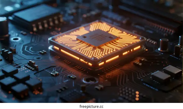 Close-up of glowing CPU chip on electronic circuit board