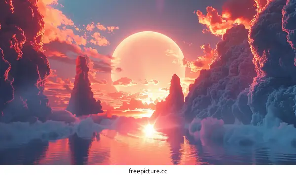 Fantasy landscape with a large moon and clouds