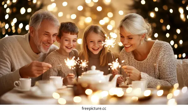 Family Celebrating Christmas with Sparklers