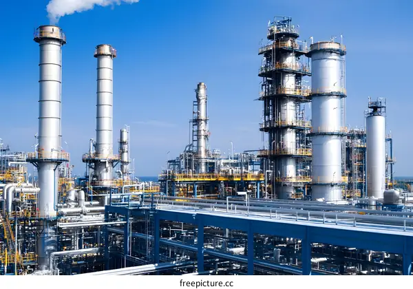 Industrial Plant with Tall Chimneys and Complex Piping