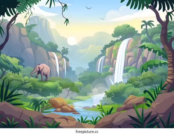 Elephant In Lush Green Jungle With Waterfall