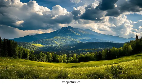 Majestic Mountain Range Over a Lush Meadow Landscape