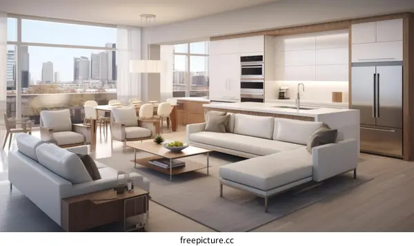 Modern apartment living room with city view