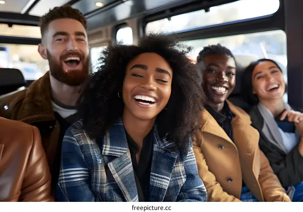 Happy Friends Enjoying a Ride in a Bus