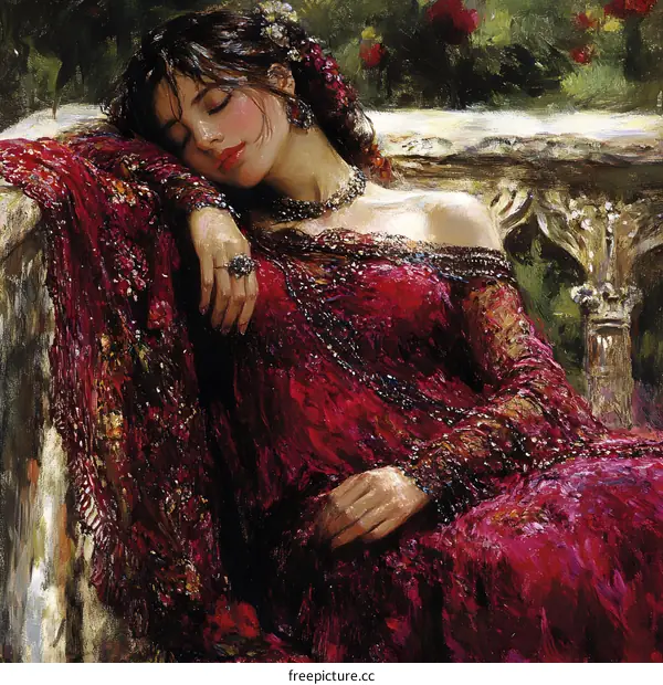 Sleeping Beauty in Red Dress Oil Painting