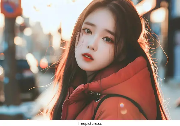 Asian Woman with Long Hair in Red Jacket
