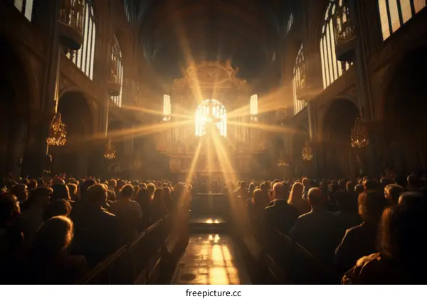 A large group of people are sitting in a church listening to a sermon