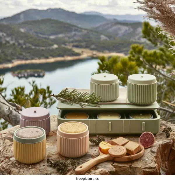 Pastel Storage Containers with Panoramic View of Mountains and Lake