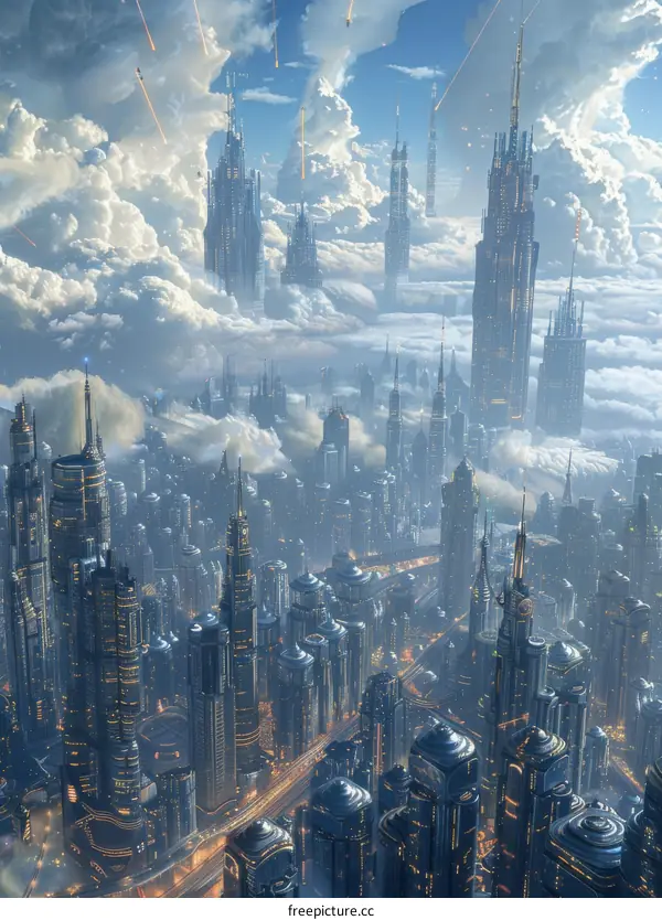 Futuristic Cityscape: Towering Skyscrapers and Soaring Flying Cars