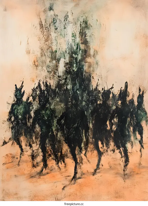 Abstract Art Painting with Green and Black Figures