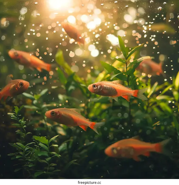 A group of small orange fish swim in a green planted tank