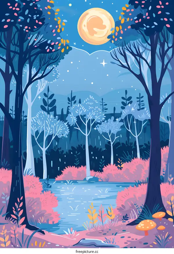 Nighttime Forest Illustration with Full Moon and Stars