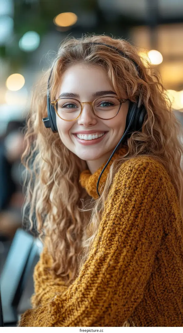 Smiling Caucasian Woman Wearing Headphones and Glasses