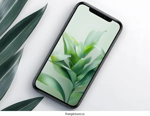 Black Smartphone with Green Leaves Background